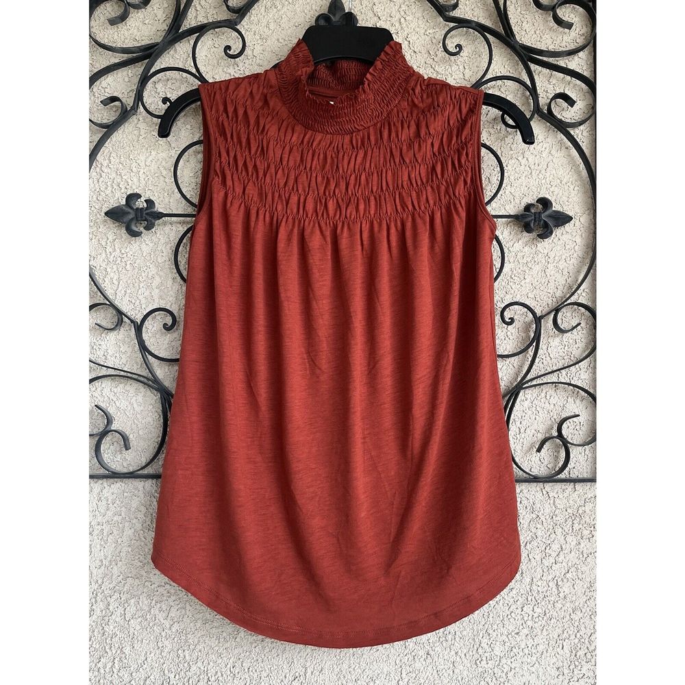 Sundance Sleeveless Smocked Mock Neck Blouse in Rust